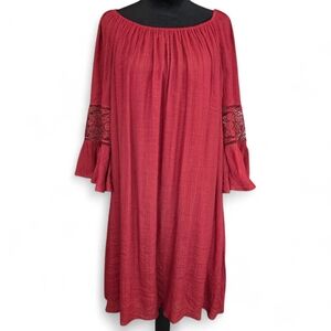 Boho Crochet Lace Peasant Dress Deep Red Bell Sleeve Shift Midi Textured Size XL